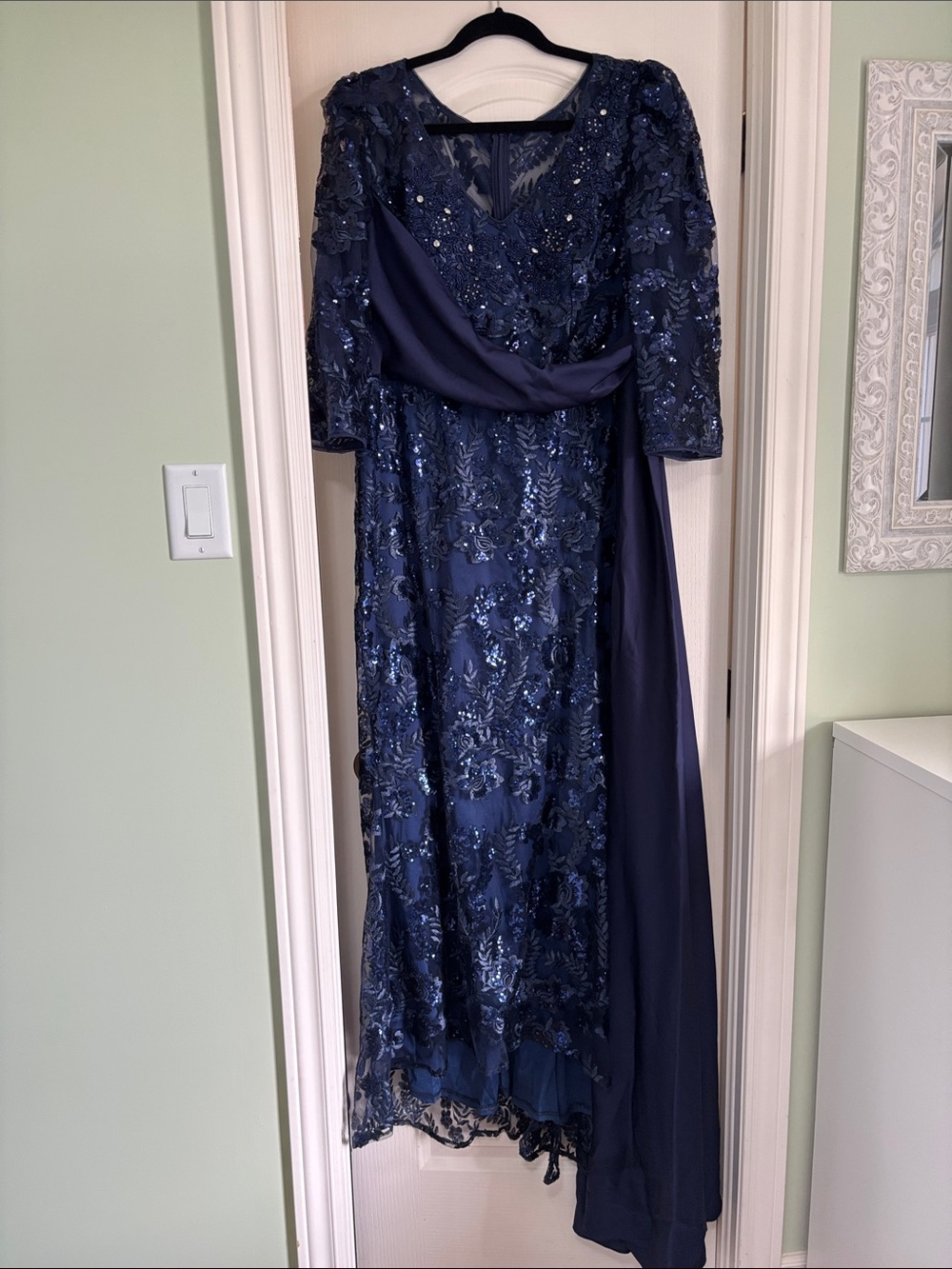 Elegant Navy Sequin Lace Evening Dress with Draped Sash